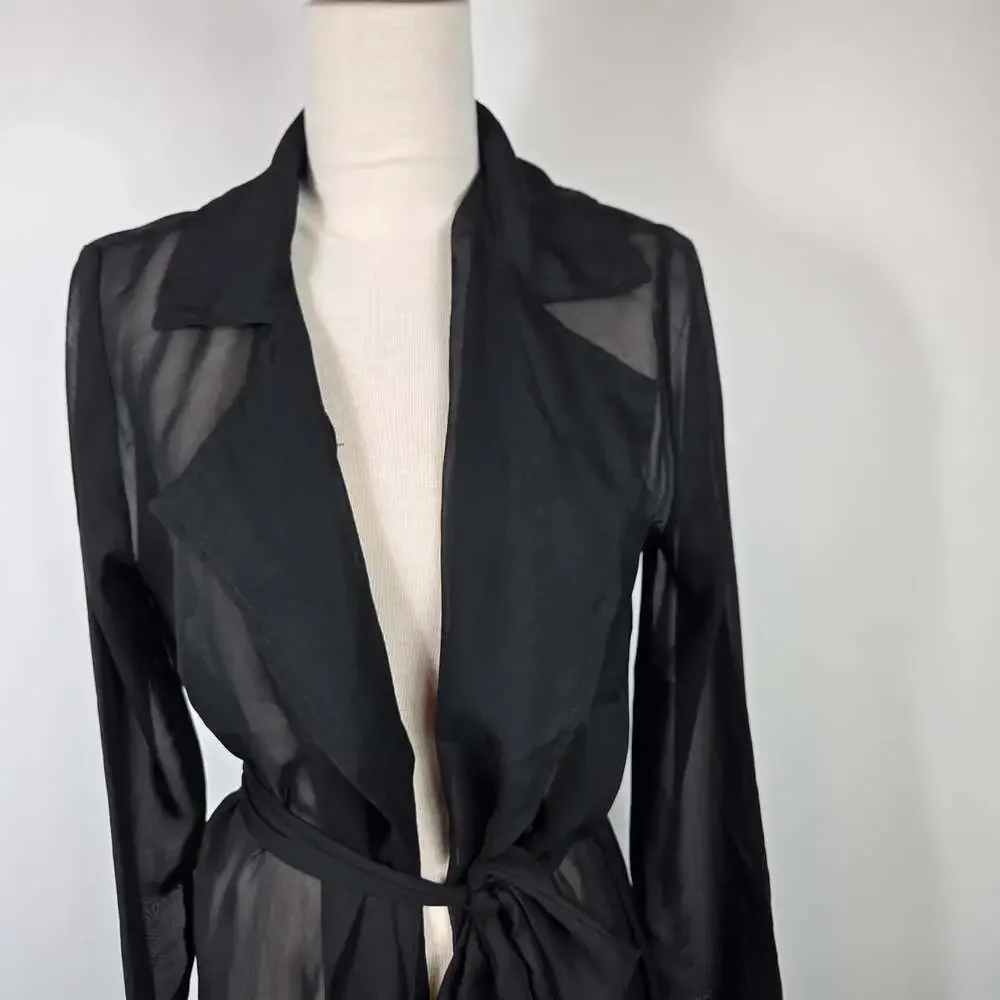 Lux LA Sheer Black Mesh Maxi Duster Robe Tie Waist Y2K Goth M